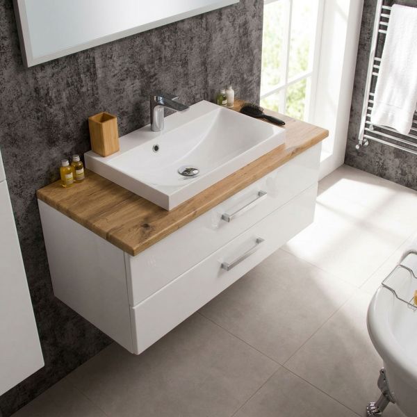 Badmöbel SUSAN Breite 100 cm, Weiß Hochglanz mit Eiche Natur, 2 Softclose-Schubladen