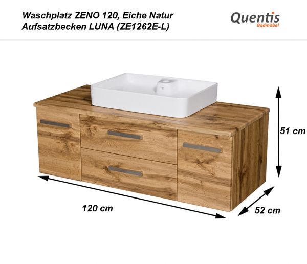 Badmöbel ZENO, Breite 120 cm, Eiche Natur, Keramikaufsatzbecken LUNA