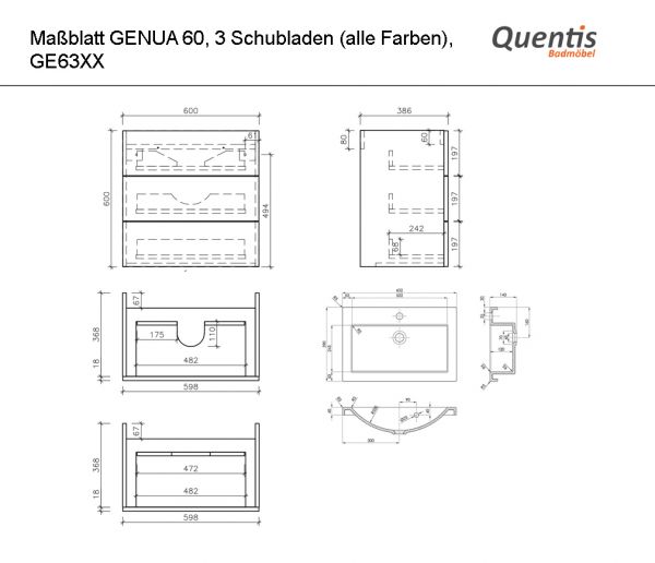 Badmöbel GENUA 60-XL, schwarz,Waschtischunterschrank montiert