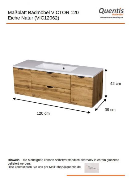 Maßblatt Badmöbel-Set VICTOR 120, Eiche Natur (VIC12062)