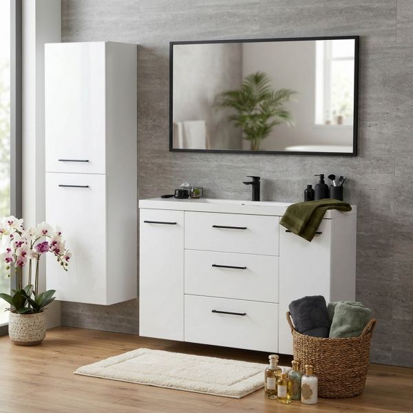 Badmoebel DOMINO SLim-Line 120 Tiefe 35 cm weiß matt Waschtisch und Unterschrank montiert