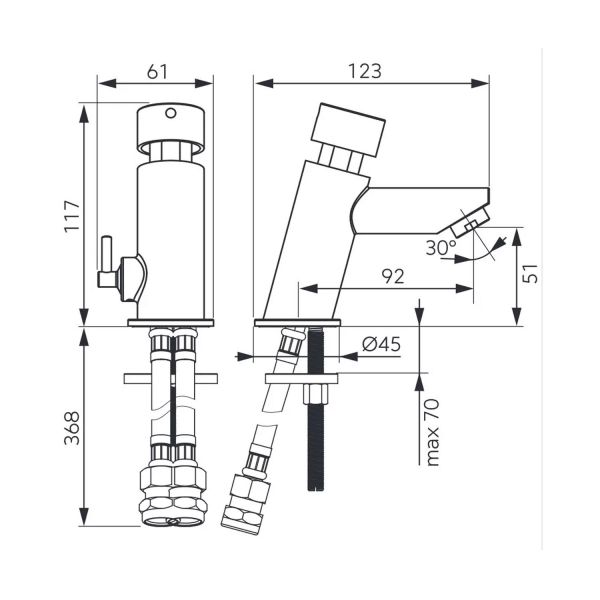 Maße FERRO Selbstschluss-Armatur PRESTIGE PRO Z501R
