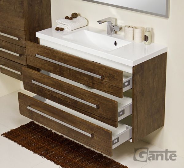 Quentis GENUA Badmöbelset 2-teilig, 100 cm breit, 3 Schubladen, Holzdekor antik, montiert