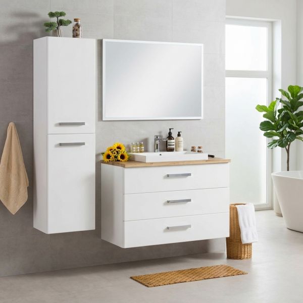 Badmöbel SUSAN Breite 100 cm, weiß-eiche, Waschbeckenunterschrank montiert