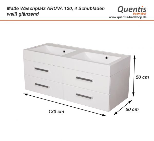Maße Doppelwaschplatz ARUVA 120, weiß glänzend (AR1210-D-4S)