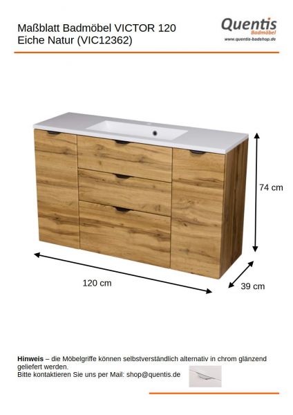 Badmöbel VICTOR 120 cm, Waschtischunterbau mit 3 Schubladen, Eiche