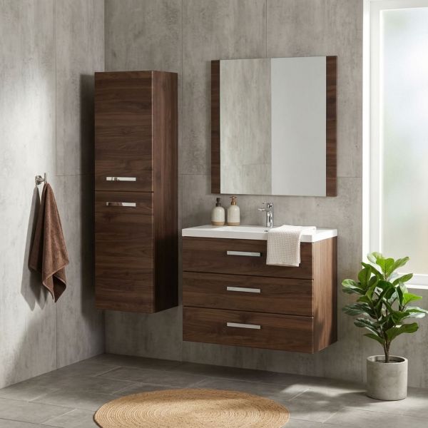 Badmöbel GENUA 80-XL, Holzdekor Nussbaum mit passendem Hochschrank