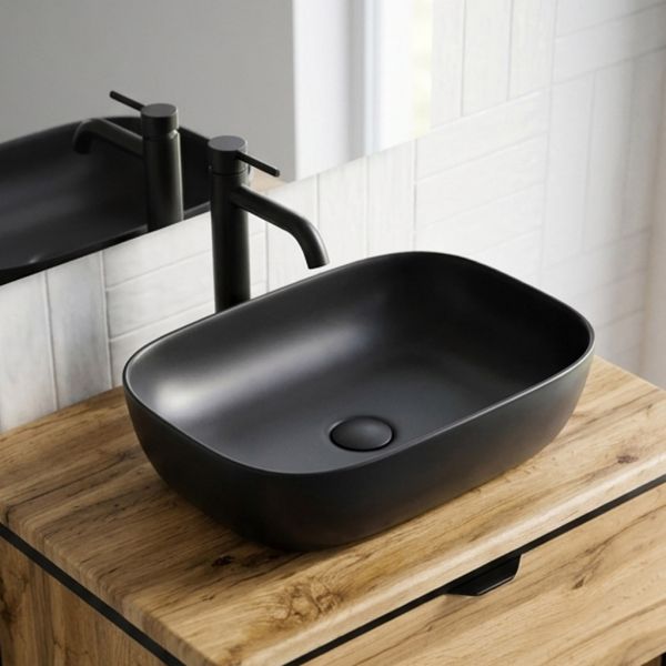 Badmöbel COSMO 60 cm, Waschtischunterbau stehend, Eiche/ Schwarz, Aufsatzbecken schwarz optional