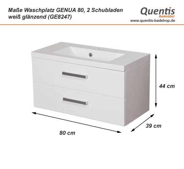 Badmöbelset GENUA 80 cm weiß glänzend, Waschtisch mit Unterschrank montiert