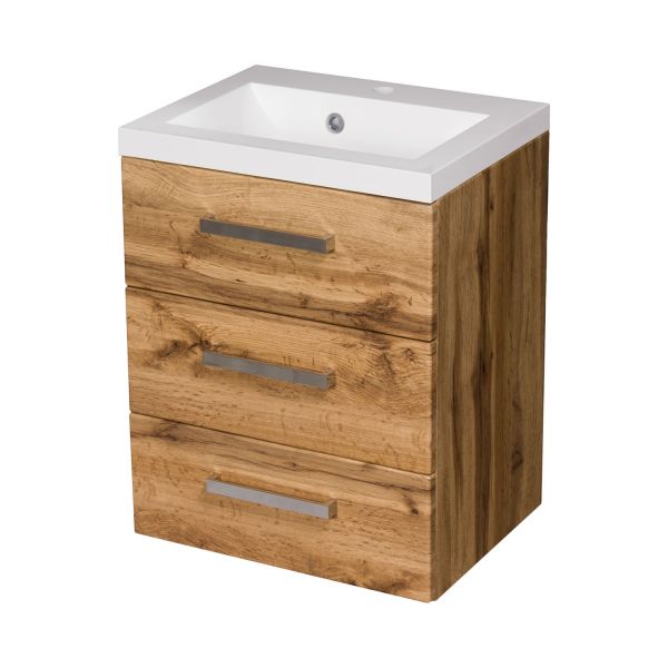 Badmöbel GENUA 50 cm XL, Eiche Natur, 3 Schubladen mit Waschbecken
