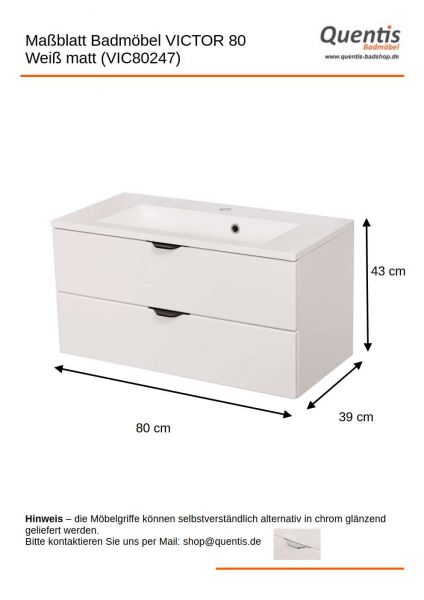 Badmöbel VICTOR 80, Waschtischunterbau mit 2 Schubladen inkl. Waschbecken, weiß matt