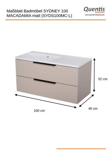 Badmöbel SYDNEY 100 cm, Macadamia matt, Waschtisch und Unterschrank (montiert)