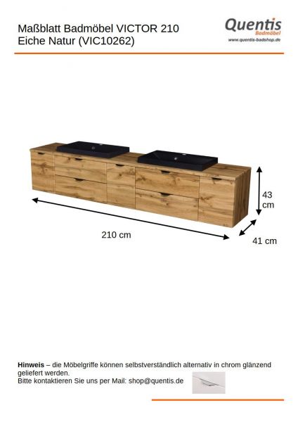 Badmöbel VICTA Breite 210 cm, Eiche Natur, Einzel- oder Doppelwaschplatz, montiert