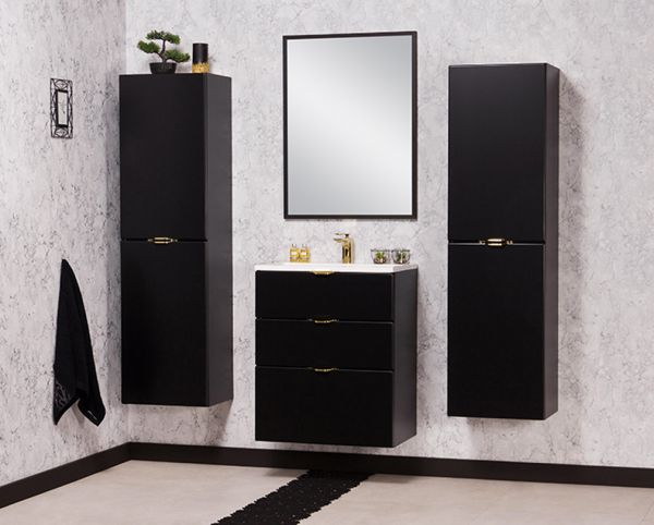 Badmöbel VICTOR 60 cm, Waschtischunterbau mit 3 Schubladen inkl. Gussmarmorbecken, schwarz matt