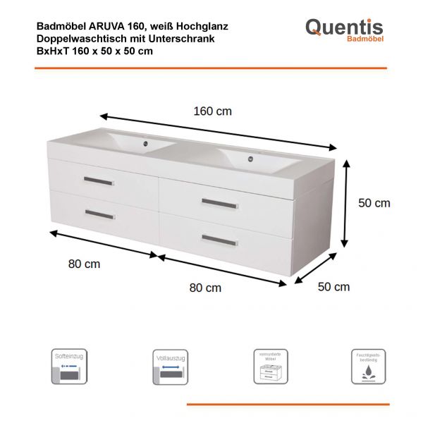 Badmöbel ARUVA Breite 160 cm, weiß, Doppelwaschtisch mit Unterschrank, vormontiert