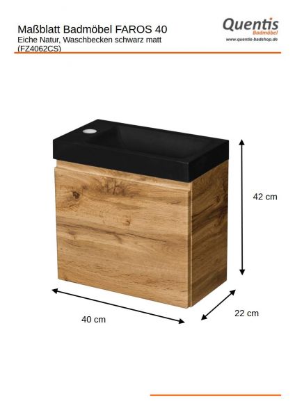 Badmöbel Gäste-WC FAROS 40, Eiche Natur, Waschbecken schwarz matt, Waschbeckenunterschrank montiert