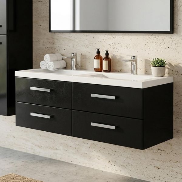 Doppelwaschtisch mit Unterschrank, GENUA Breite 120 cm, schwarz glänzend
