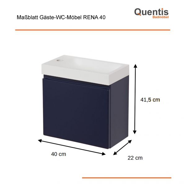 Gäste-WC Badmöbel RENA 40 cm, blau matt, Waschbecken mit Unterschrank, vormontiert