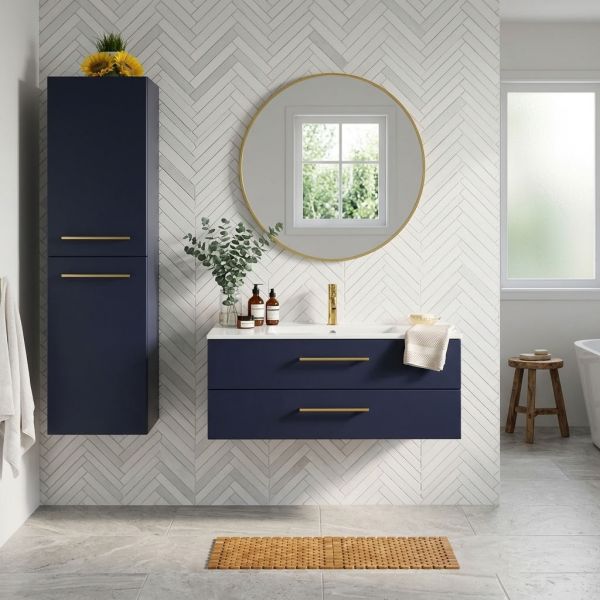 Badmöbel BELLI 100 cm Marineblau matt – Waschbecken mit Unterschrank, 2 Schubladen, vormontiert