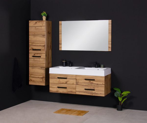 Badmöbel ZENO Breite 120 cm, Eiche Natur, Doppelwaschtisch mit Unterschrank, Griffe schwarz, montier