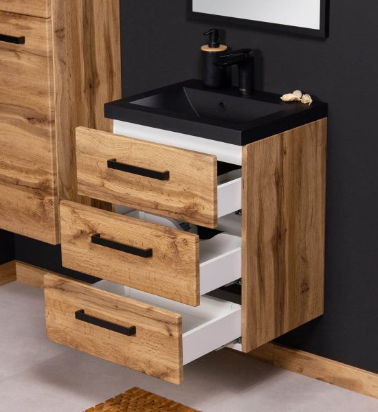 Badmöbel Fokus LOFT 50-XL, Eiche Natur, Waschtisch schwarz matt, Waschtischunterschrank montiert