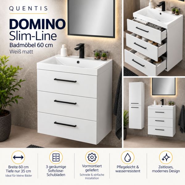 Badmöbel DOMINO SLim-Line 60 cm, weiß matt, Waschtisch und Unterschrank, vormontiert
