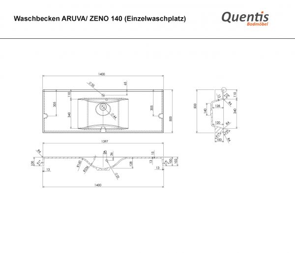 Badmöbel ARUVA Breite 140 cm, schwarz, Waschtischunterschrank montiert