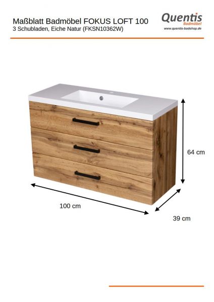 Badmöbel FOKUS LOFT 100 XL, Eiche Natur, Waschtisch mit Unterbau, vormontiert