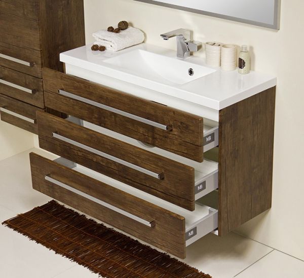 Badmöbelset Genua 100 cm, 3 Schubladen, Holzdekor antik, montiert