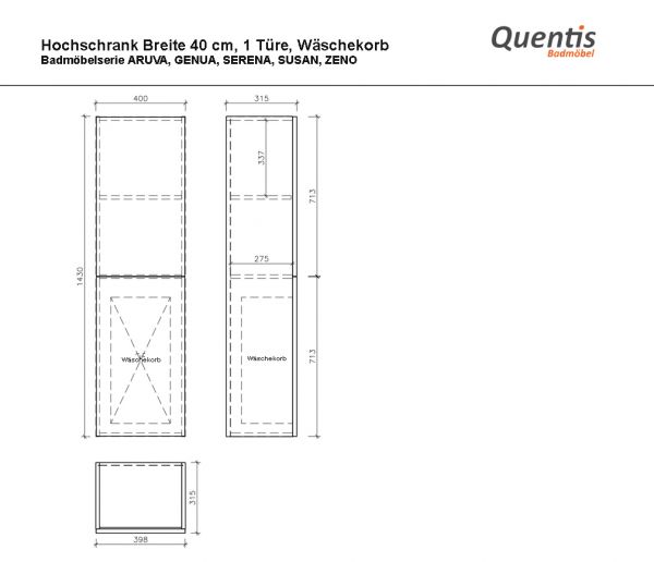 Badschrank Holz antik, Hochschrank mit 1 Türe und Wäschekorb, vormontiert