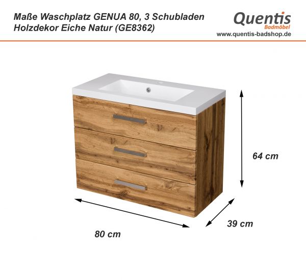 Badmöbel GENUA, Breite 80 cm, Eiche Natur, 3 Schubladen, Unterschrank aufgebaut