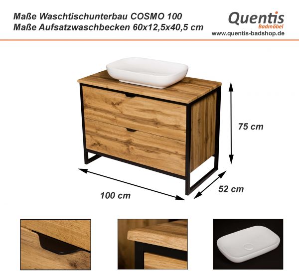 Maßblatt Badmöbel Cosmo, Breite 100 cm, Aufsatzbecken weiß, CS1062