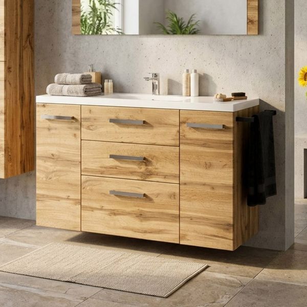 Badmöbelset Genua 120-XL, Eiche Natur, Waschbecken mit Unterschrank