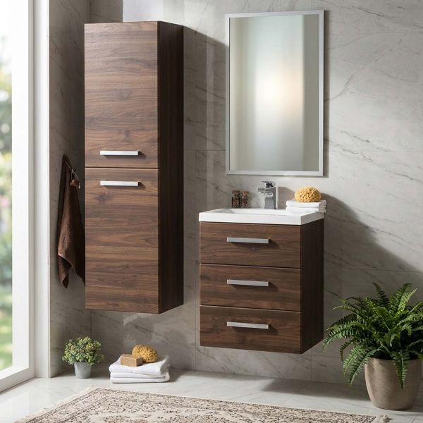 Badmöbel GENUA 50 cm, Holzdekor Nussbaum mit passendem Hochschrank