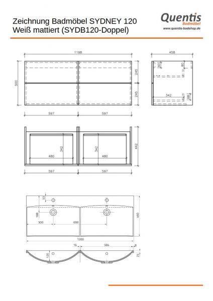 Badmöbel SYDNEY 120 cm, weiß matt, Doppelwaschtisch und Unterschrank (montiert)