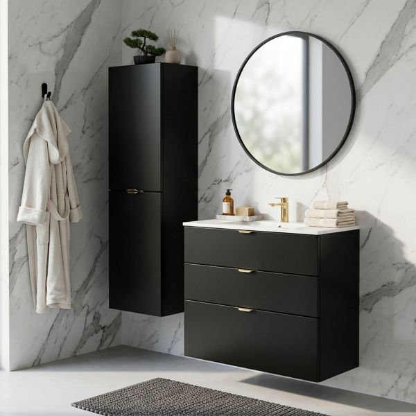 Badmöbel VICTOR 80, Waschtischunterbau mit 3 Schubladen inkl. Waschbecken, schwarz matt