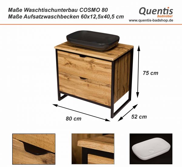 Maßblatt Badmöbel Cosmo, Breite 80 cm, Aufsatzbecken schwarz, CO8062-S
