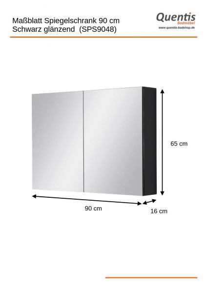 Spiegelschrank Breite 90 cm, schwarz glänzend, montagefertig