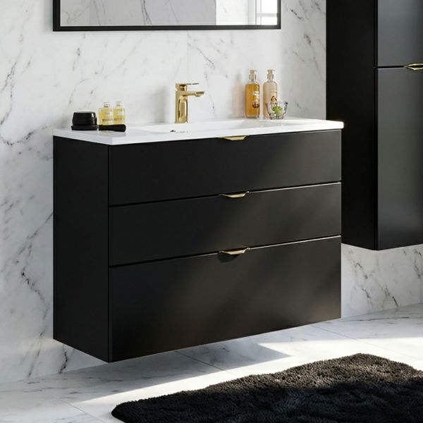 Badmöbel VICTOR 100 cm, Waschtischunterbau mit 3 Schubladen inkl. Waschtisch, schwarz matt