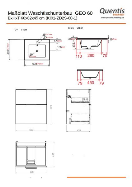 Maßblatt Badmöbel GEO 60 cm, weiß glänzend, Unterschrank montiert