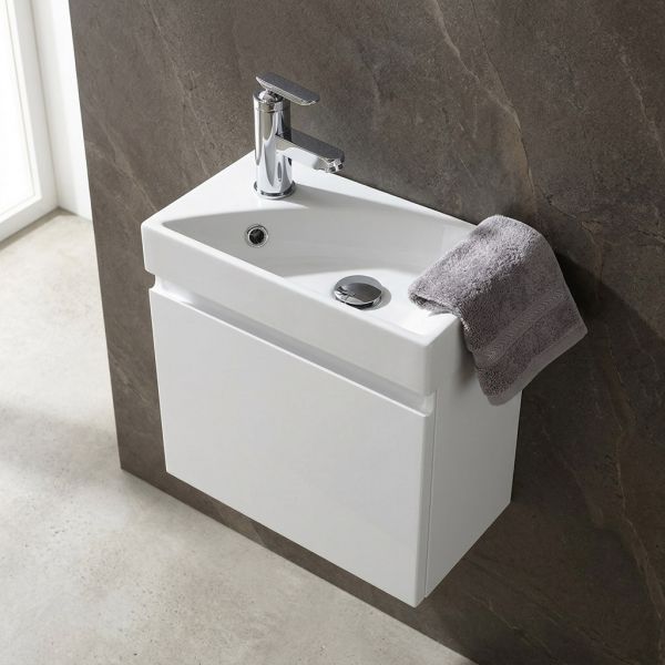 Gäste-WC Badmöbel RENA 40 cm, weiß glänzend, Waschbecken mit Unterschrank, vormontiert