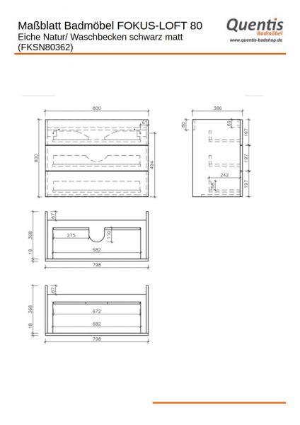 Badmöbel FOKUS LOFT 80-XL, Eiche Natur, Waschtisch schwarz matt, Waschtischunterschrank montiert