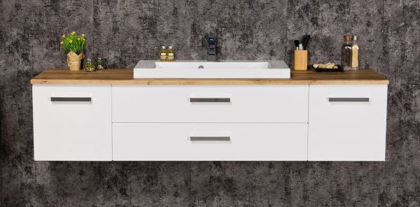 Badmöbel SUSAN, Breite 180 cm, Weiß/ Eiche Natur, Waschtischunterbau montiert