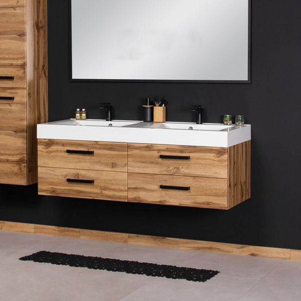 Badmöbel ZENO Breite 140 cm, Eiche Natur, Doppelwaschtisch mit Unterschrank, montiert