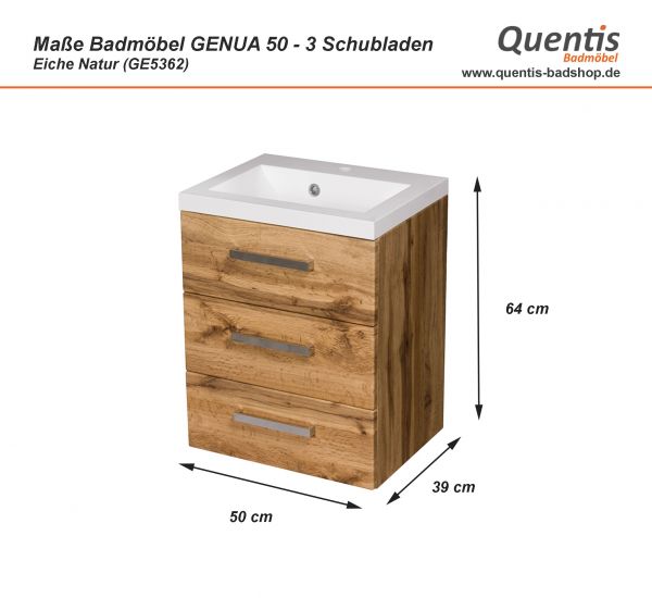 Badmöbel GENUA 50 cm, Eiche Natur, 3 Schübe, Waschtischunterschrank montiert