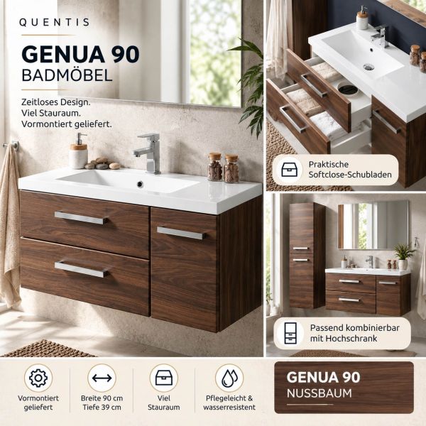 Badmöbel GENUA 90, Nussbaum – Waschbecken mit Unterschrank, 2 Schubladen, vormontiert