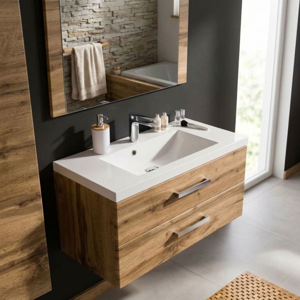 Badmöbel GENUA 80 cm Eiche Natur mit Waschbecken, 2 Softclose-Schubladen, vormontiert