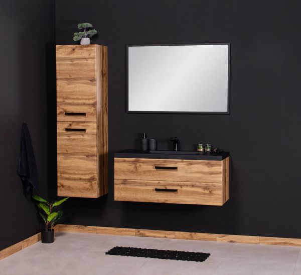 Badmöbel FOKUS LOFT 100, Eiche Natur, Unterschrank montiert, Waschtisch schwarz matt