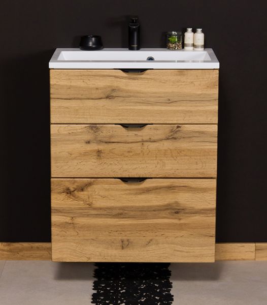Waschplatzset VICTOR 60 cm, Waschtischunterbau mit 3 Schubladen inkl. Gussmarmorbecken, Eiche Natur (VIC60362)