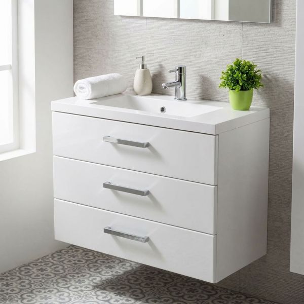 Badmöbel GENUA 80 XL Weiß glänzend mit Waschbecken, 3 Softclose-Schubladen
